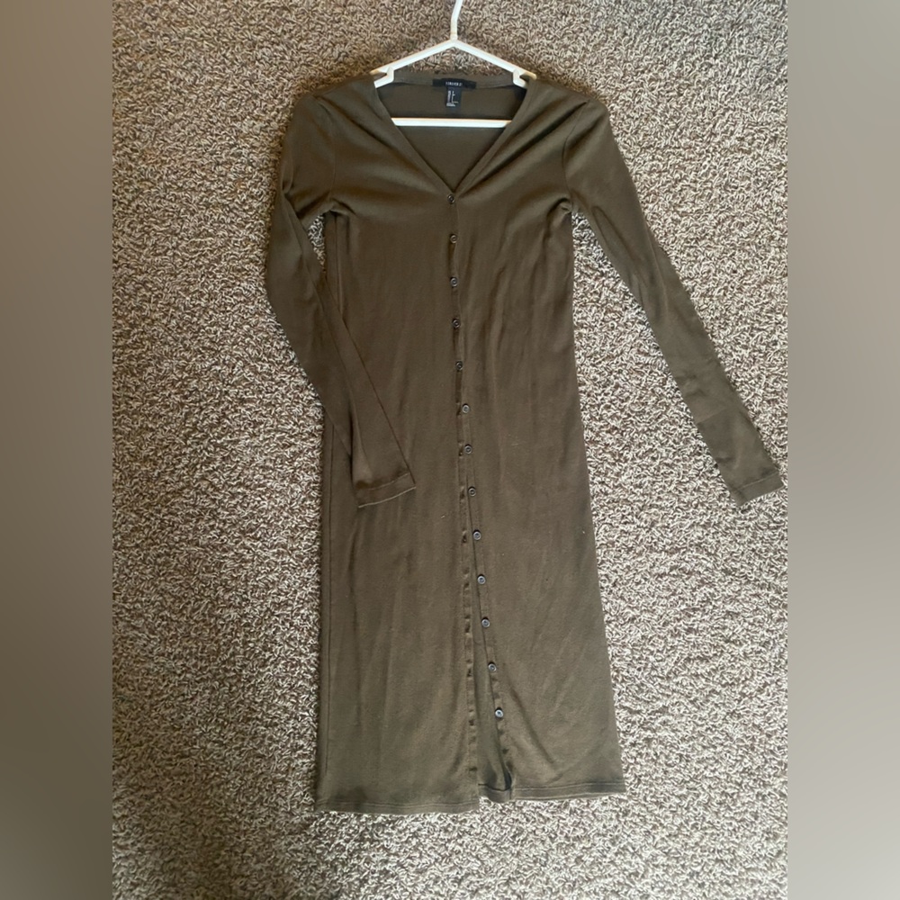 Forever 21 Olive Green Long Sleeve Button-Down Cardigan Dress
